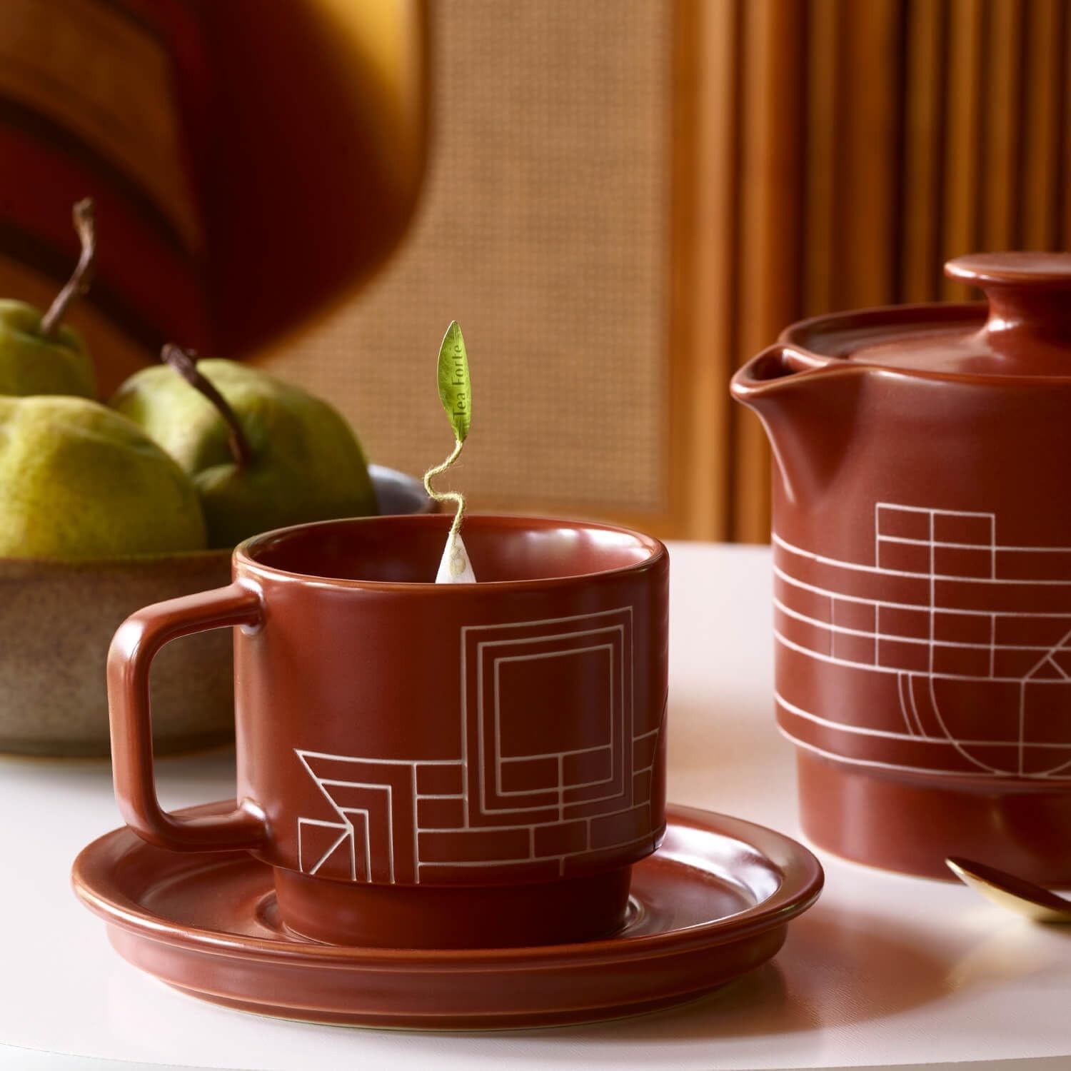 Terra Stoneware Teacup with Saucer, Frank Lloyd Wright, 8 Oz. Stoneware Teacup f