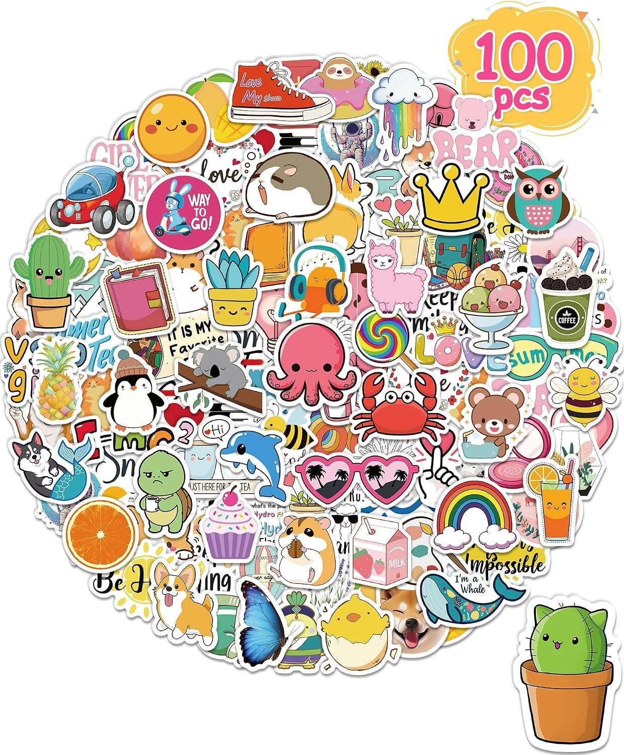100 Pcs Kids Waterproof Vinyl Stickers Girls Teens School Supplies Party Favors