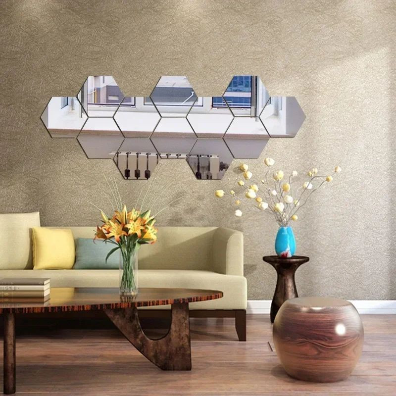 12pcs Hexagon Acrylic 3D Mirror Wall Sticker Home Decor Self-adhesive Mirror
