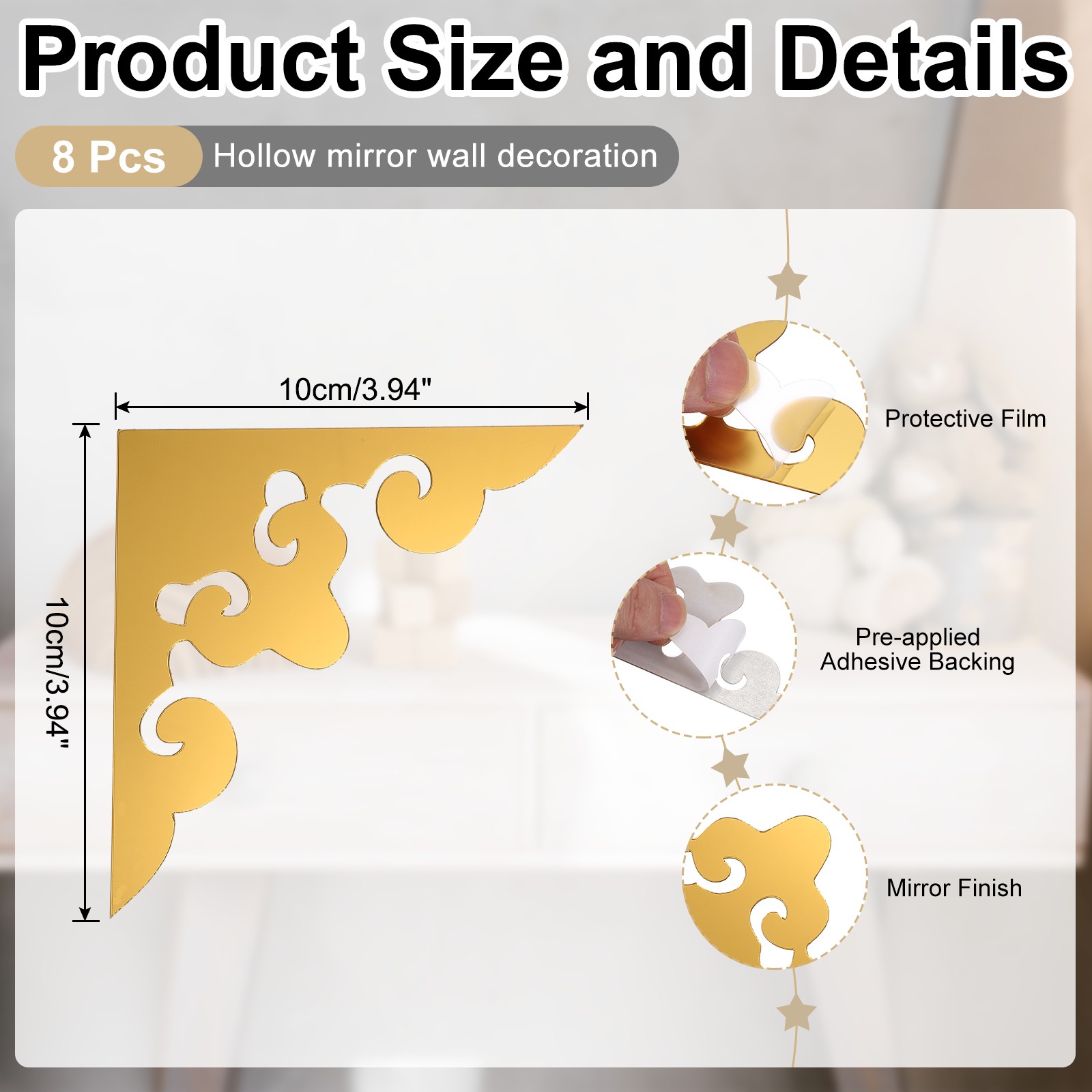 8Pcs Corner Decorative Pattern Hollow Mirror Wall Stickers(Dark Gold, 4×4")