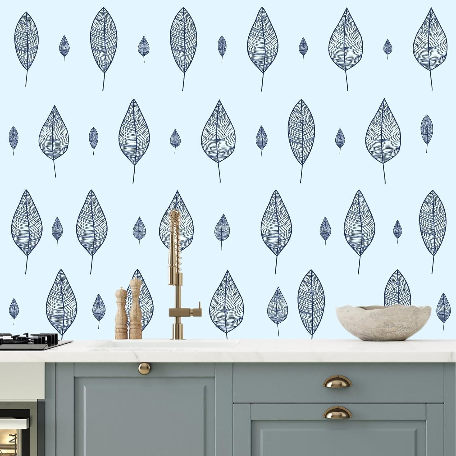 Stripy Leaf Wall Decals Modern Blue Leaf Wall Stickers Tree Leaves Wall Decals P