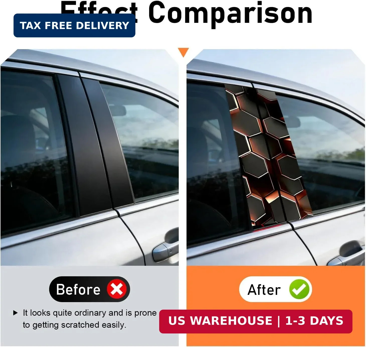 2 PCS Honeycomb Car B-Pillar Vinyl Decals, HD Printed Hexagon Door Pillar Sticke