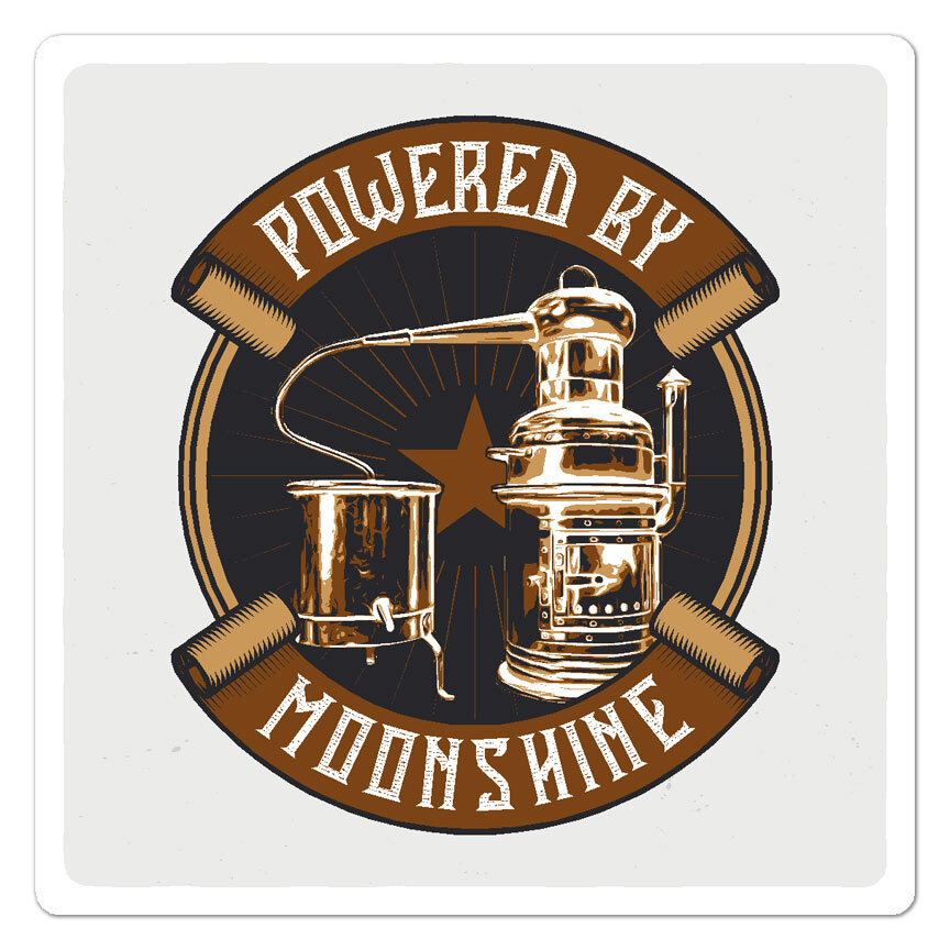 Powered By Moonshine, Vinyl Decal Sticker, Indoor Outdoor, 3 Sizes, #9635