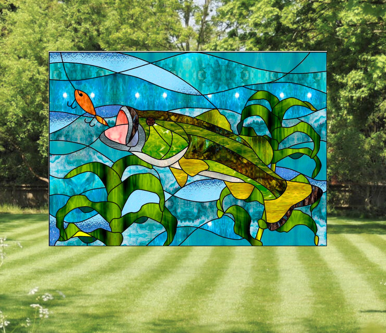 Bass Fishing Faux Stained-Glass WINDOW CLING Size 10.6" Repositionable Vinyl