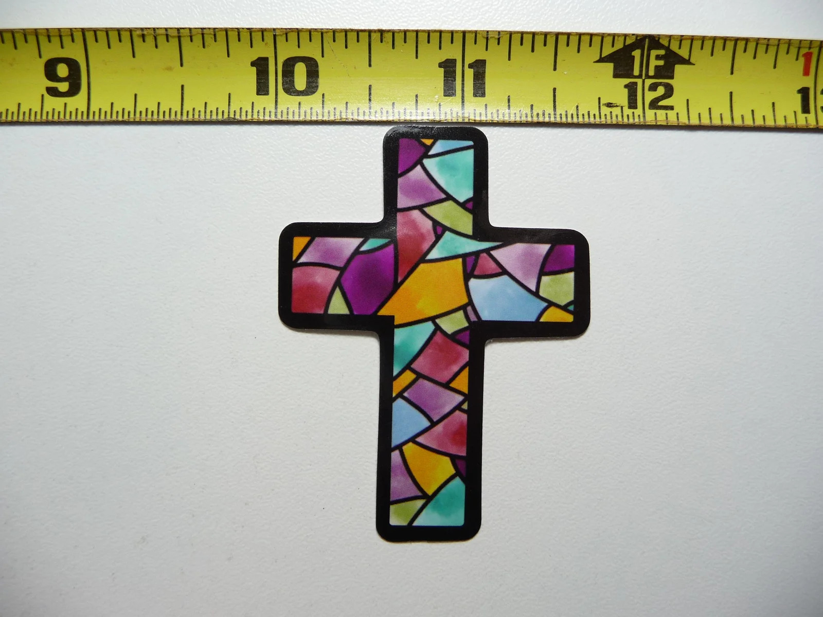 CHRISTIAN CROSS SMALL STICKER DECAL STAINED GLASS STYLE BEAUTIFUL COLORS