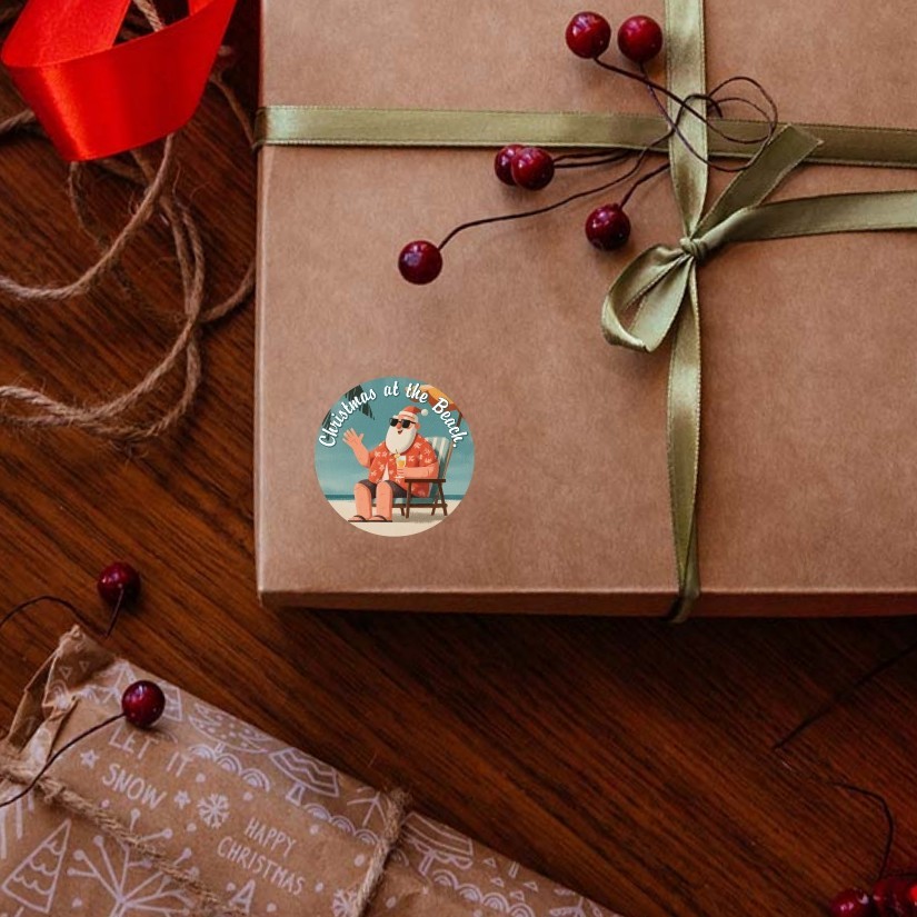 Christmas at the Beach, Christmas Round Dot Stickers Set, 1.2" & 1.5"