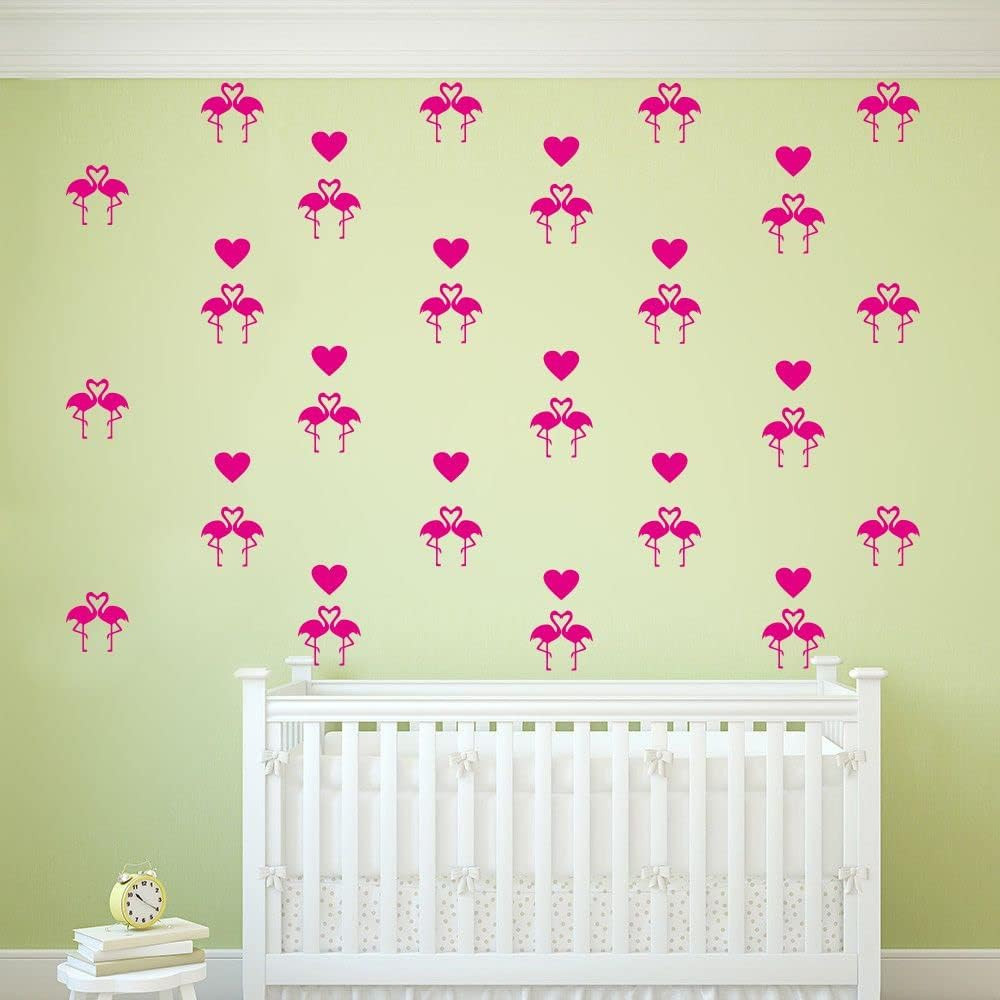 Flamingo Wall Stickers Set – 24 Removable PVC Decals with Silhouette and Hearts