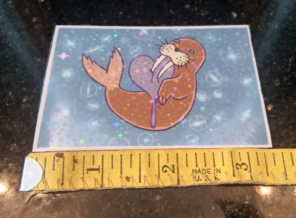 " I Love Walruses" Sticker Heart Holographic Star Lamenated 3 1/2" X 2 1/2"