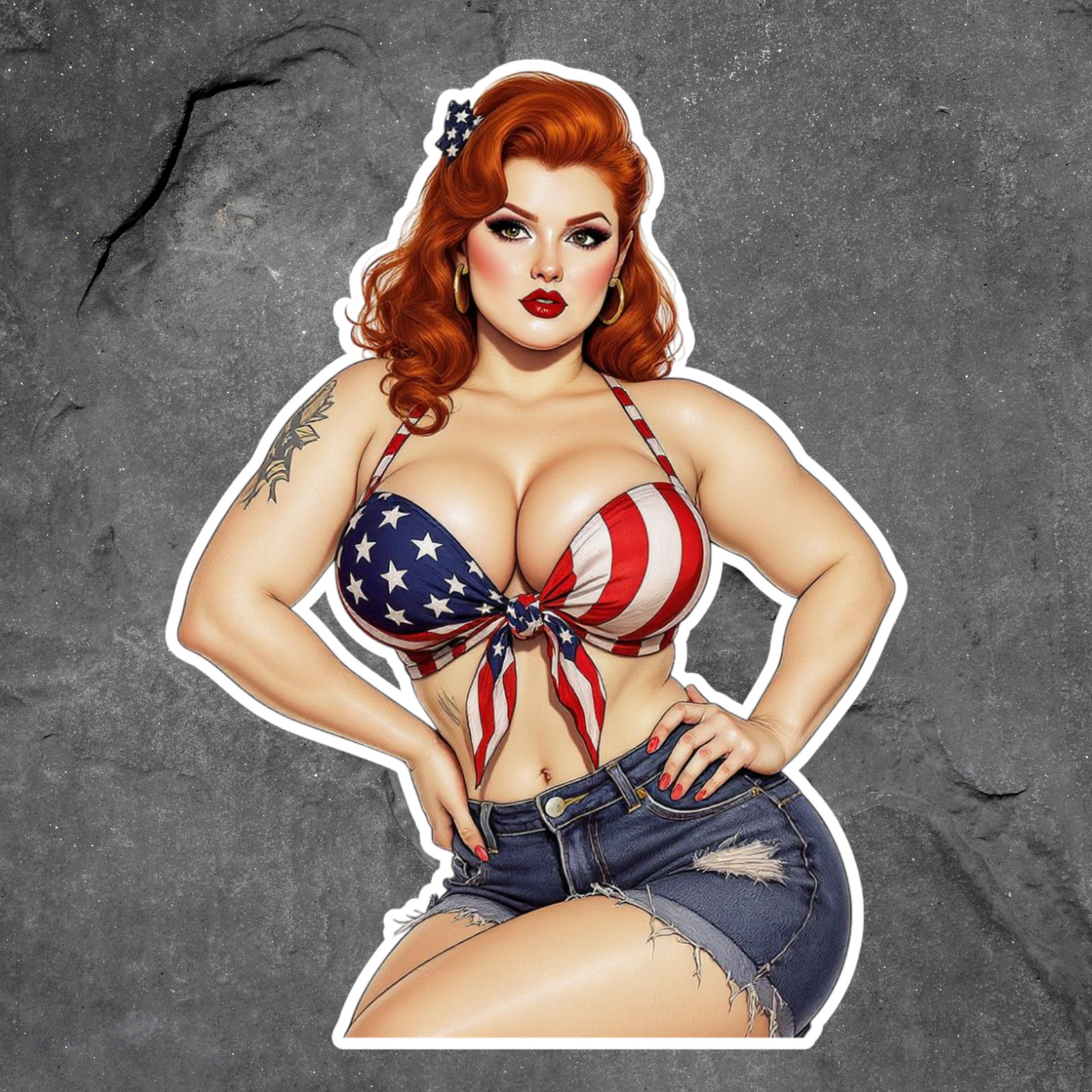 Pinup Girl Sticker Vinyl Decal Redhead American Flag Top Denim Shorts Busty