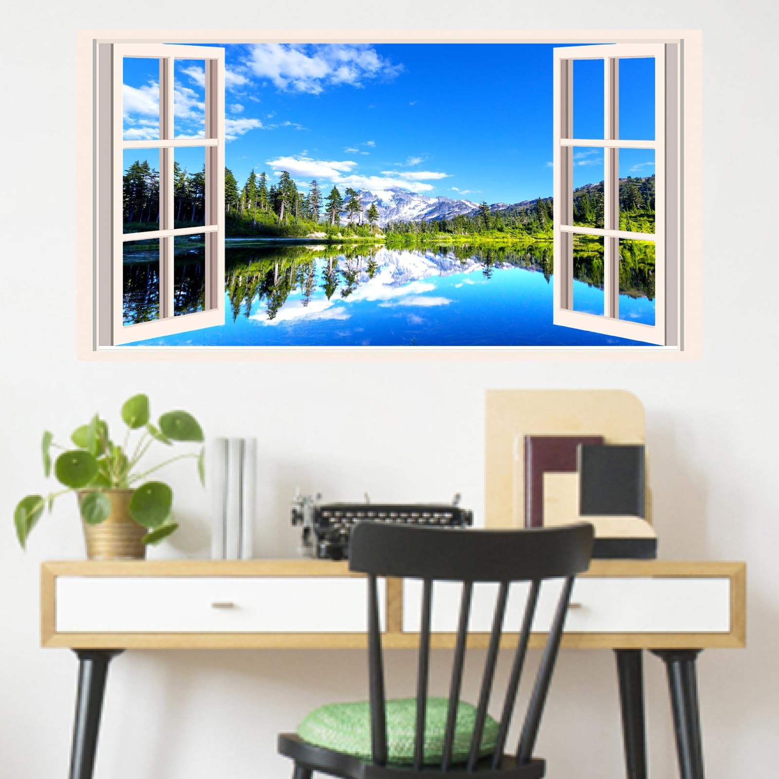 Fake Window Wall Stickers 3D Forest Lake View Mountain 3d Scenery a