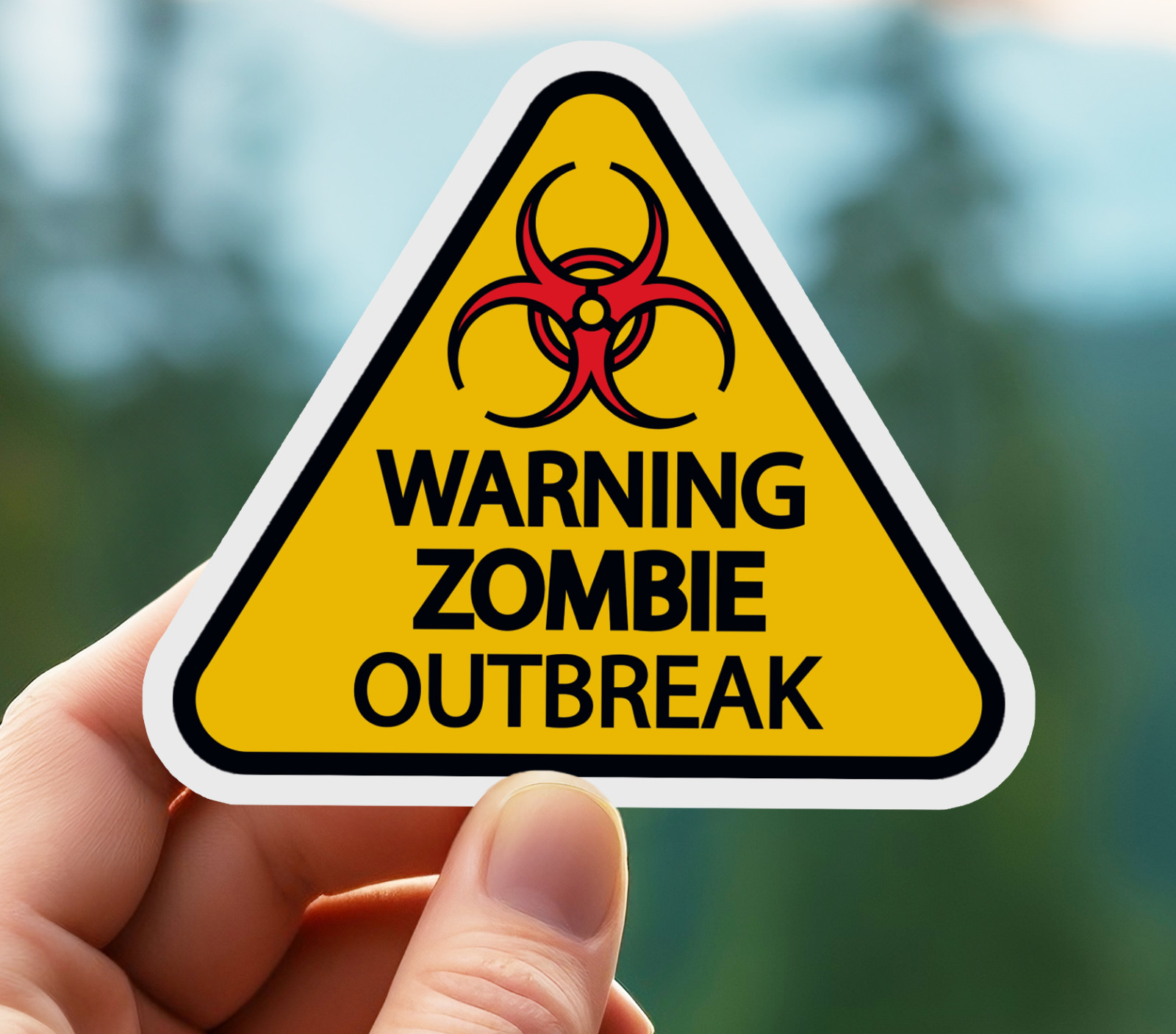 NEW – Funny Halloween ZOMBIE OUTBREAK SIGN Glossy Vinyl Sticker 3 x 2.5 INCHES