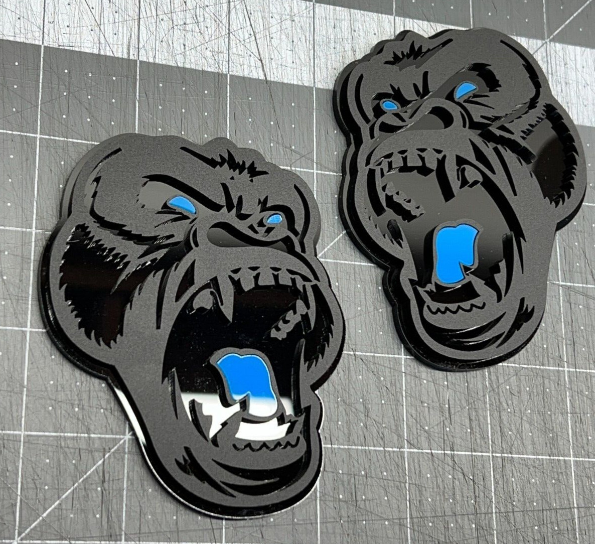 Angry Gorilla L-Blue Eye Car Truck Emblem Badge Matte Black Black Custom PK of 2