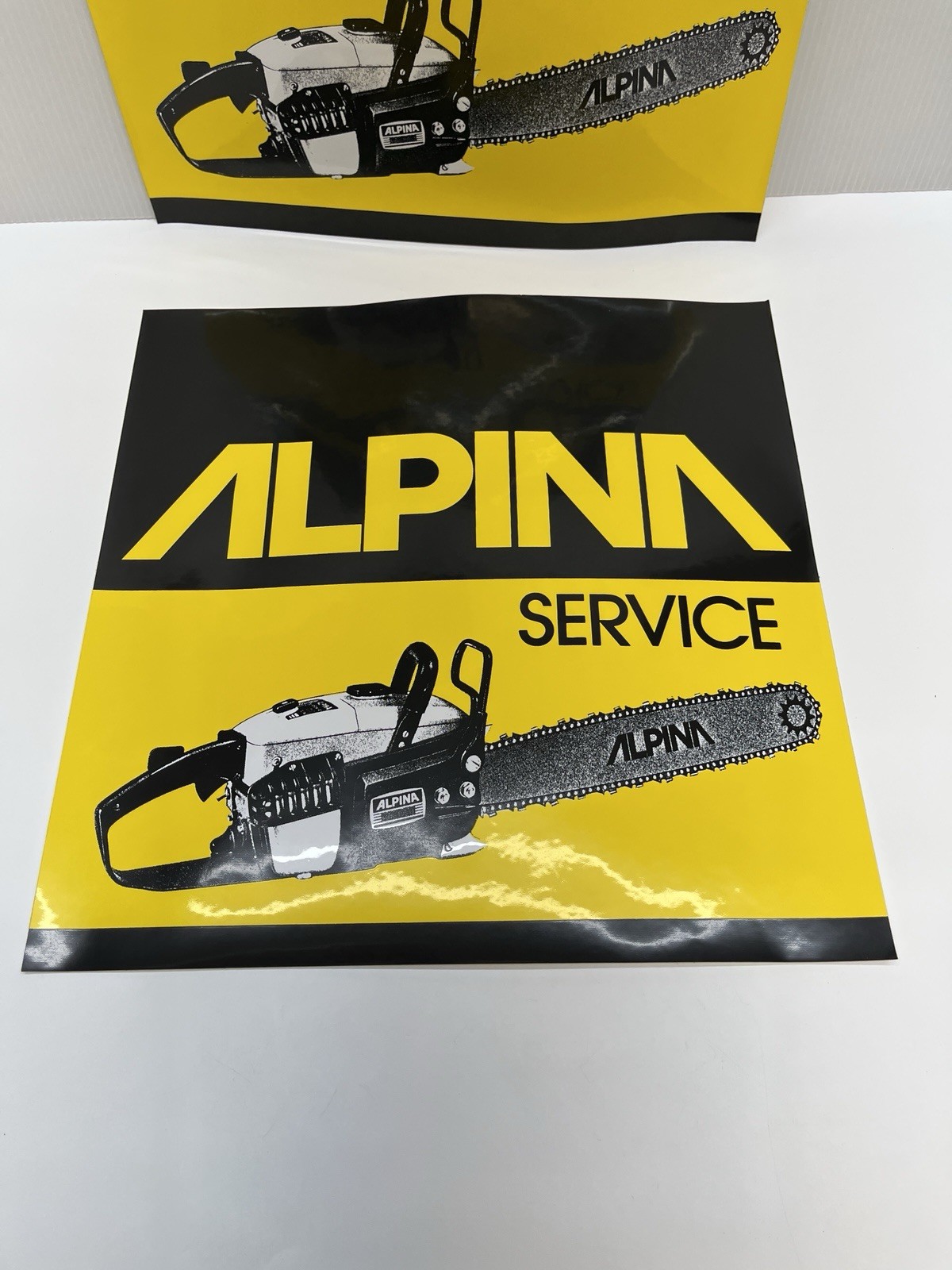 2 Vintage ALPINA Service Dealer Chainsaw Decals 11 3/4” Square Decal Glossy
