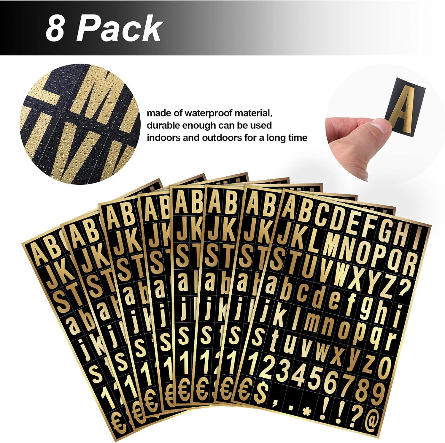 8 Sheets Self-Adhesive Vinyl Letters Numbers Kit, Mailbox 1 Inch Gold in Black