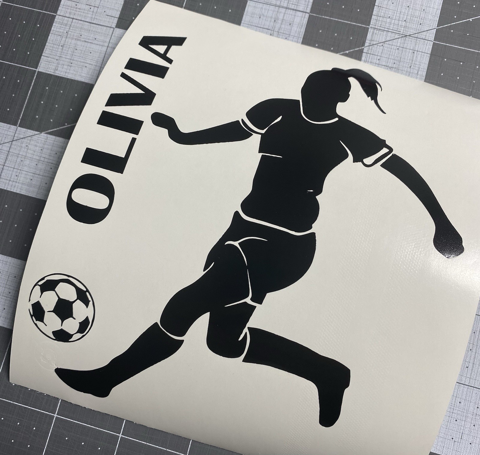 Vinyl Decal – Girl Soccer Player (May Personalize w/ Name), Various Colors