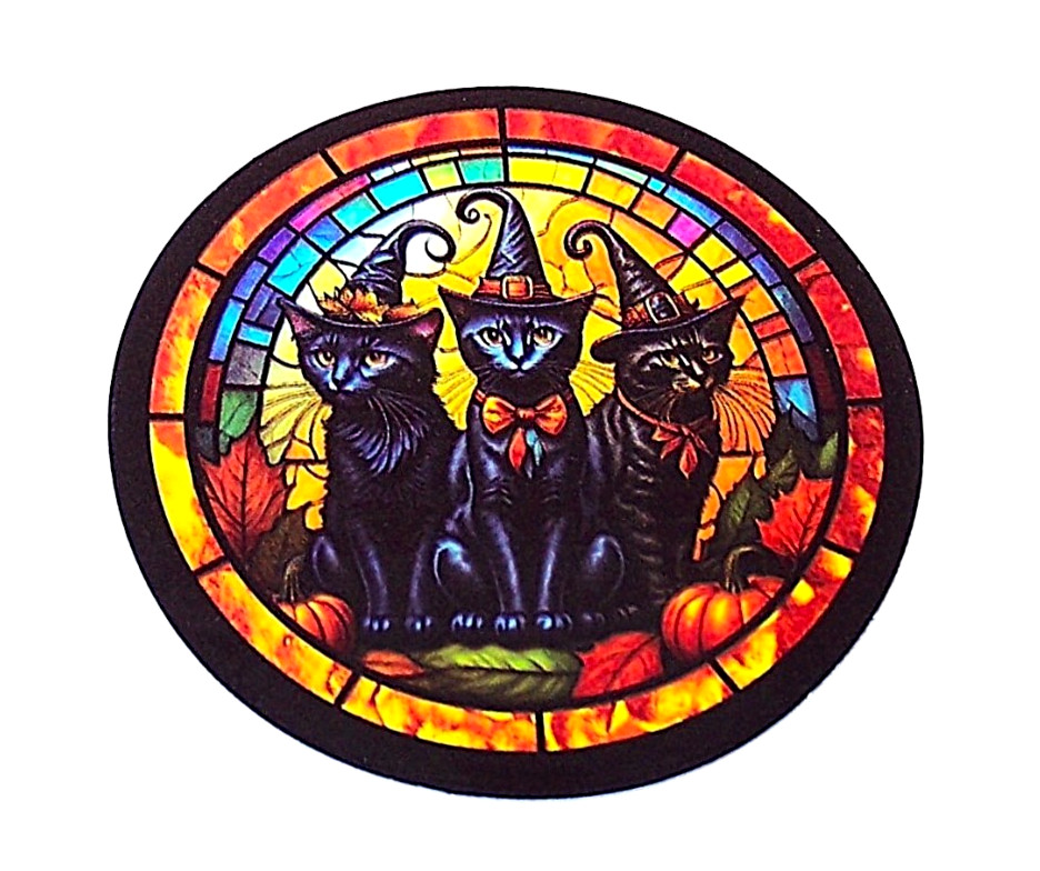 STAINED GLASS – Die Cut Sticker Decal Stained Glass Witch's Cats Pumpkins