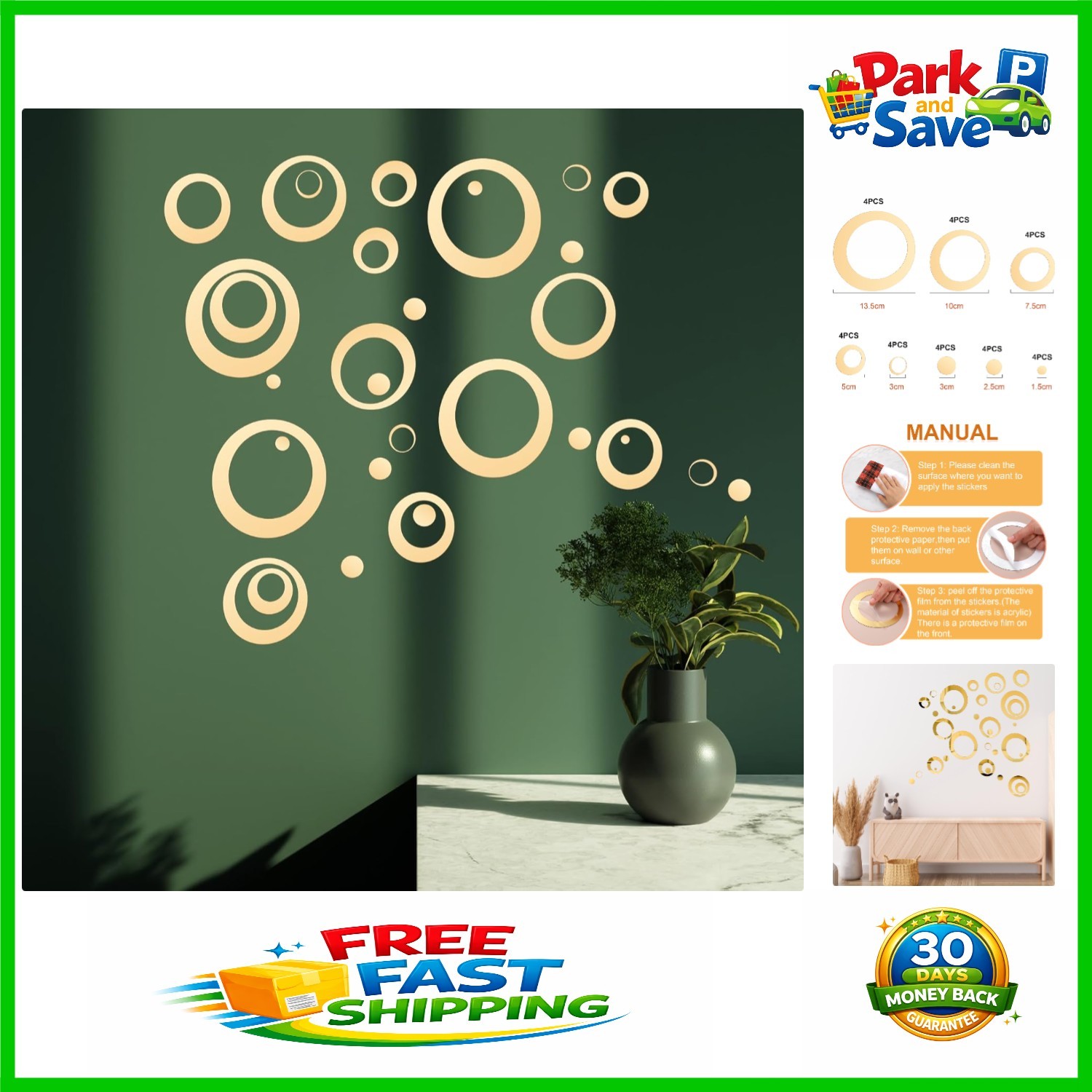 Removable Gold Mirror Wall Decals – 32 Pieces in Stunning Sizes, Modern Look