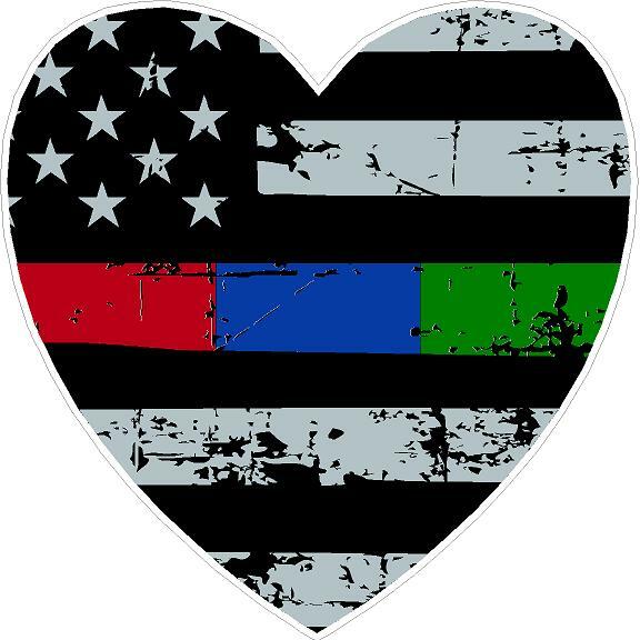 Thin Red Blue Green Line Distressed Flag Heart Decal Police Fire Military Forest
