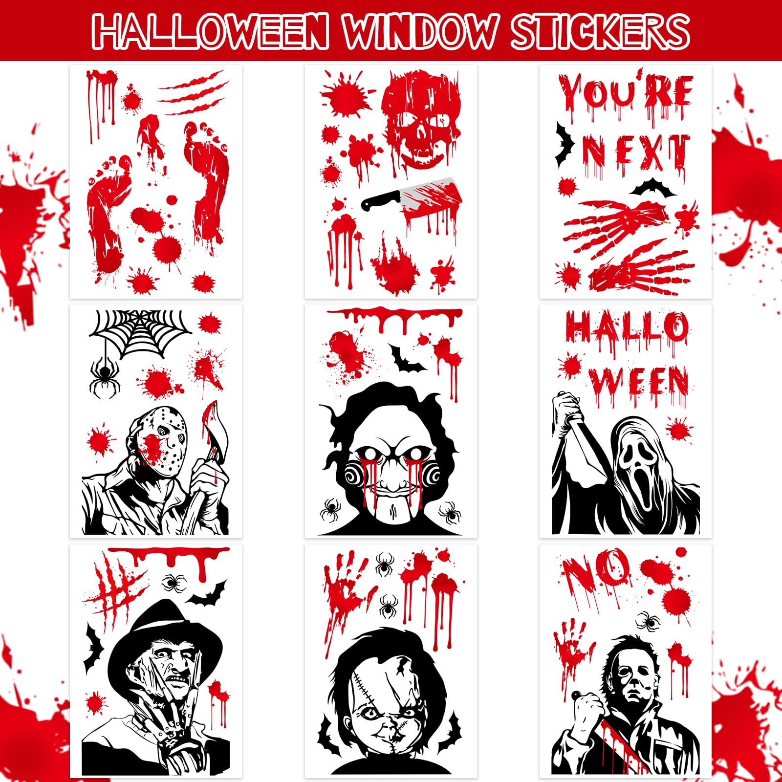 Auzesto 60Pcs Scary Halloween Decoration Window Clings, 9 Horror Characters
