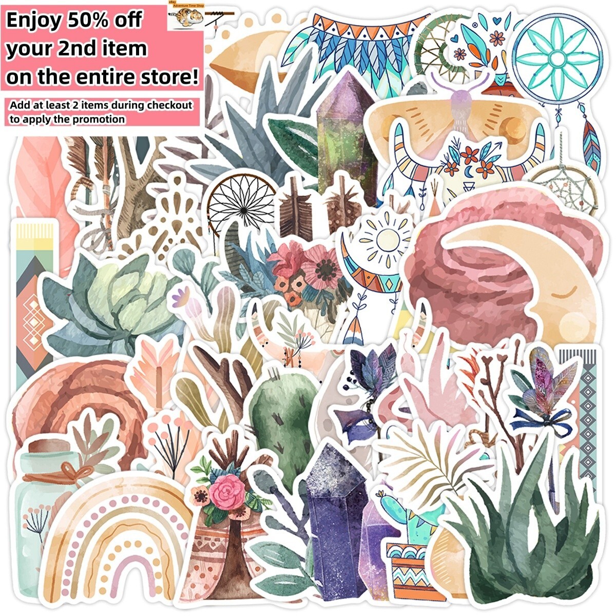 50pcs Waterproof Vinyl Stickers Retro Bohemian Fashion Luggage Phone Laptop Car