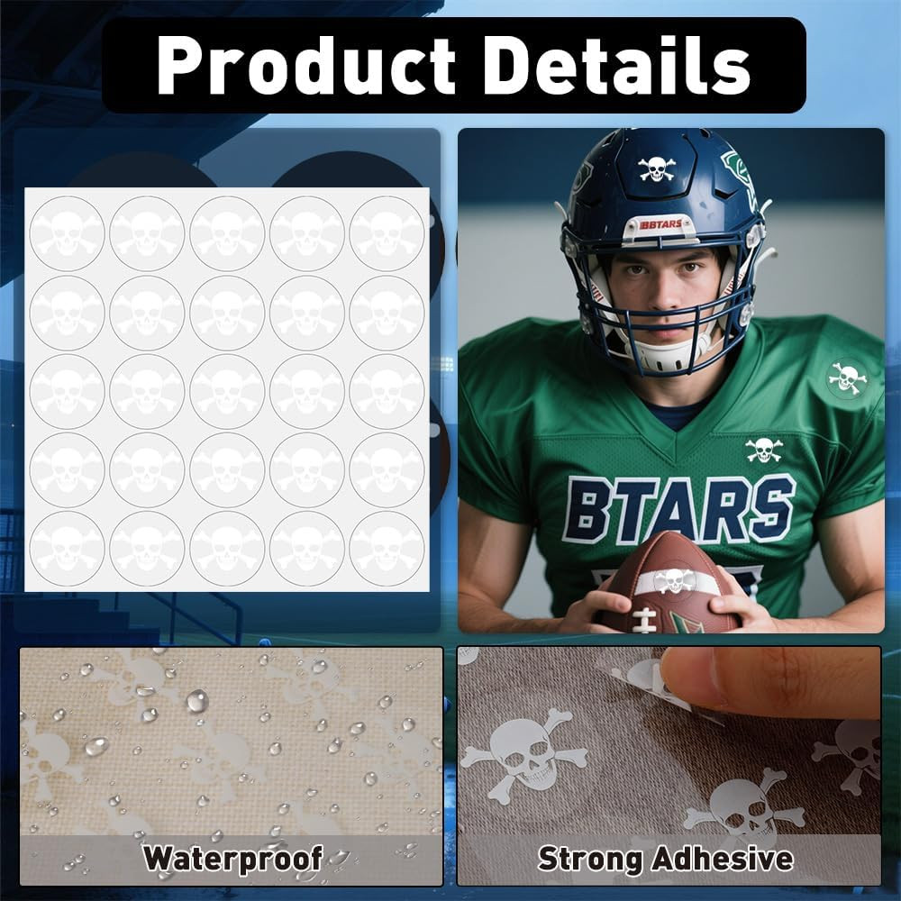 Skull Helmet Stickers, 200 Pcs Youth Football Helmet Stickers, 1-1/8 Inches