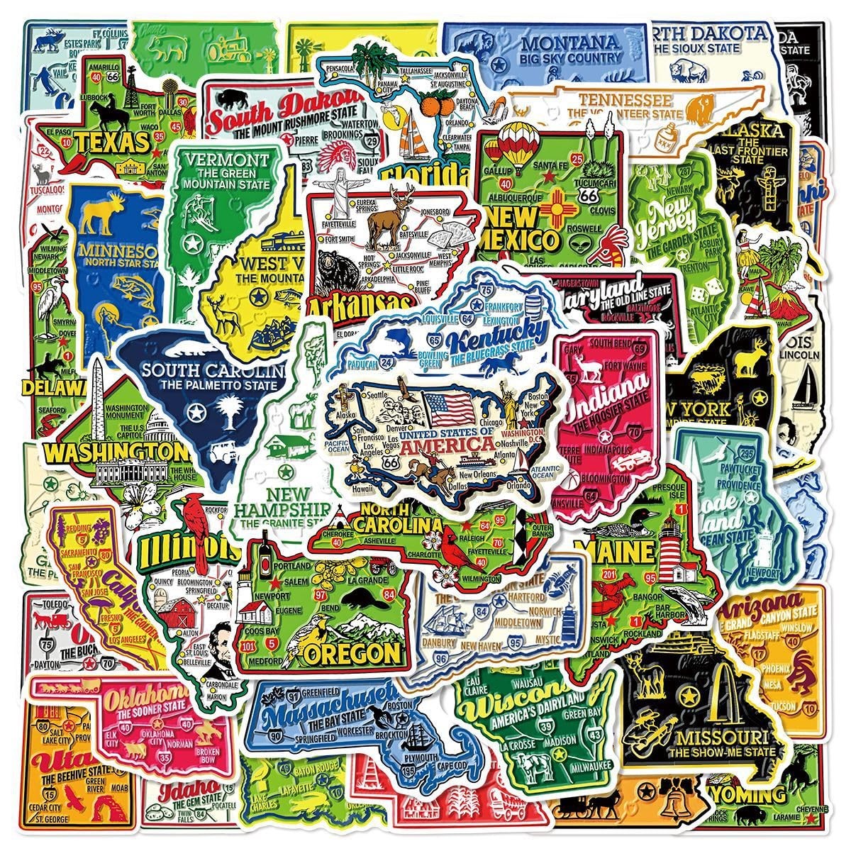 50Pcs United States Map Stickers – Waterproof Vinyl Removable No Usa-map
