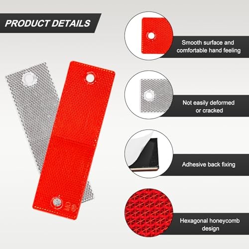 16 PCS Safety Trailer Reflectors Self Adhesive Reflector, Round ABS Rectangle