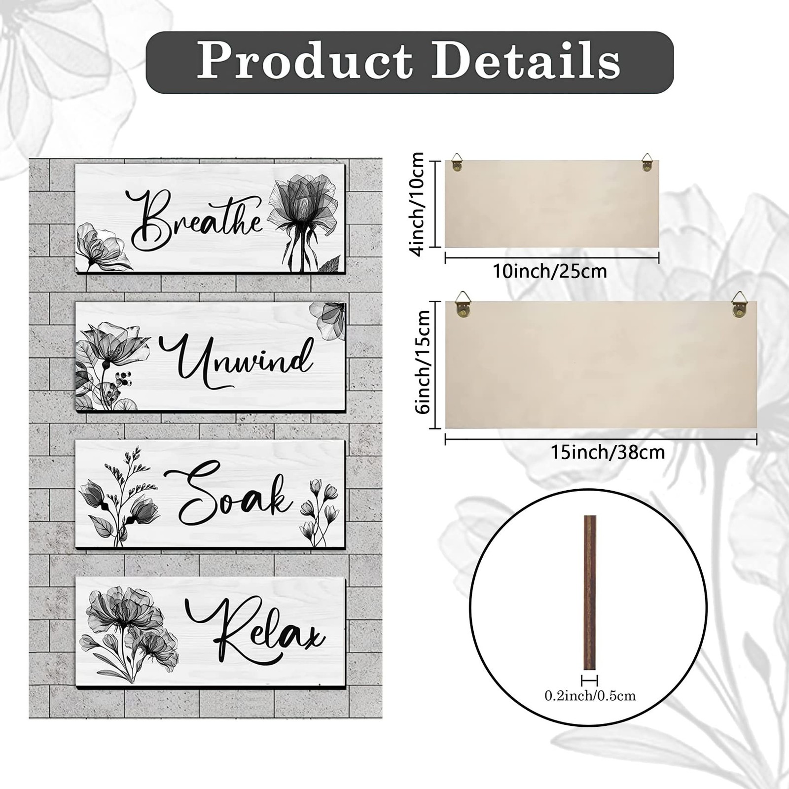 4 Wooden Wall Art Plaques – Large Bathroom Decor for Home Spa & Laundry black