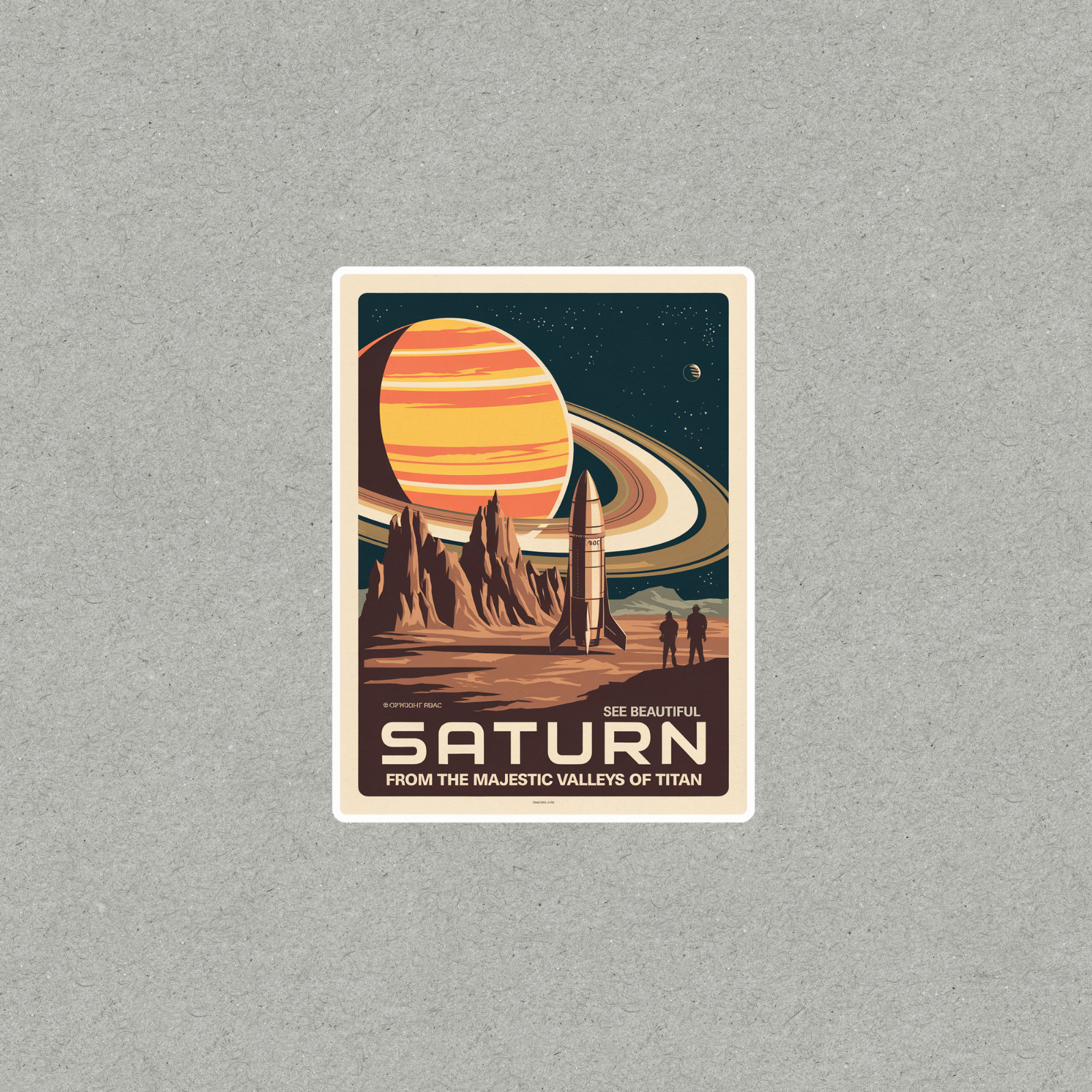 Vintage Saturn Travel sticker – Sci-Fi Space Art Print Decor – Retro Futuristic