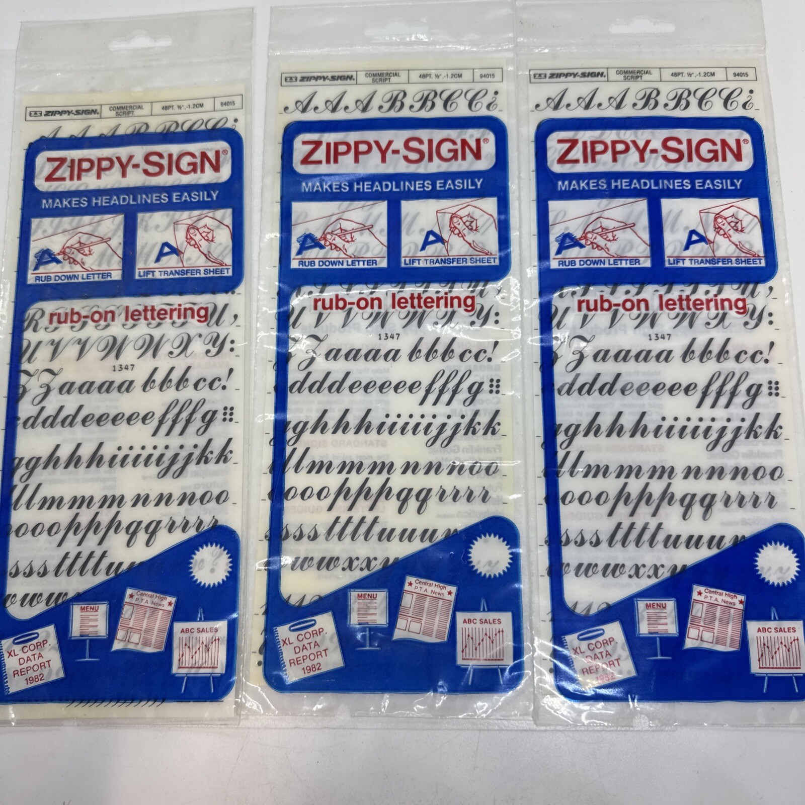 Vintage Set Of 3 1982 ZIPPY-SIGN Run On Lettering Commercial Script 48pt 1/2”