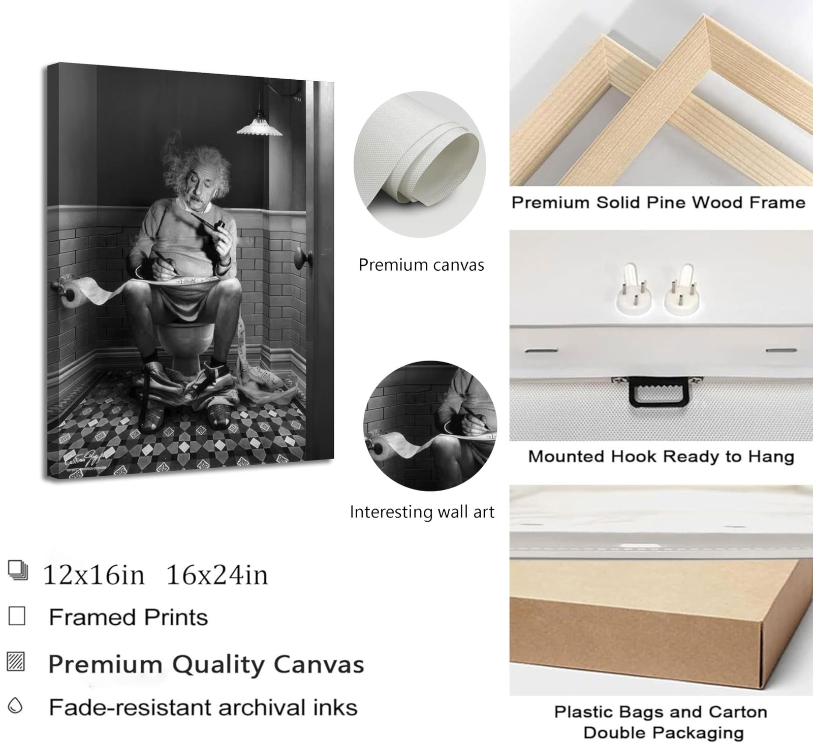 Funny Bathroom Canvas Wall Art Reading Newspaper On Toilet Picture Black and …