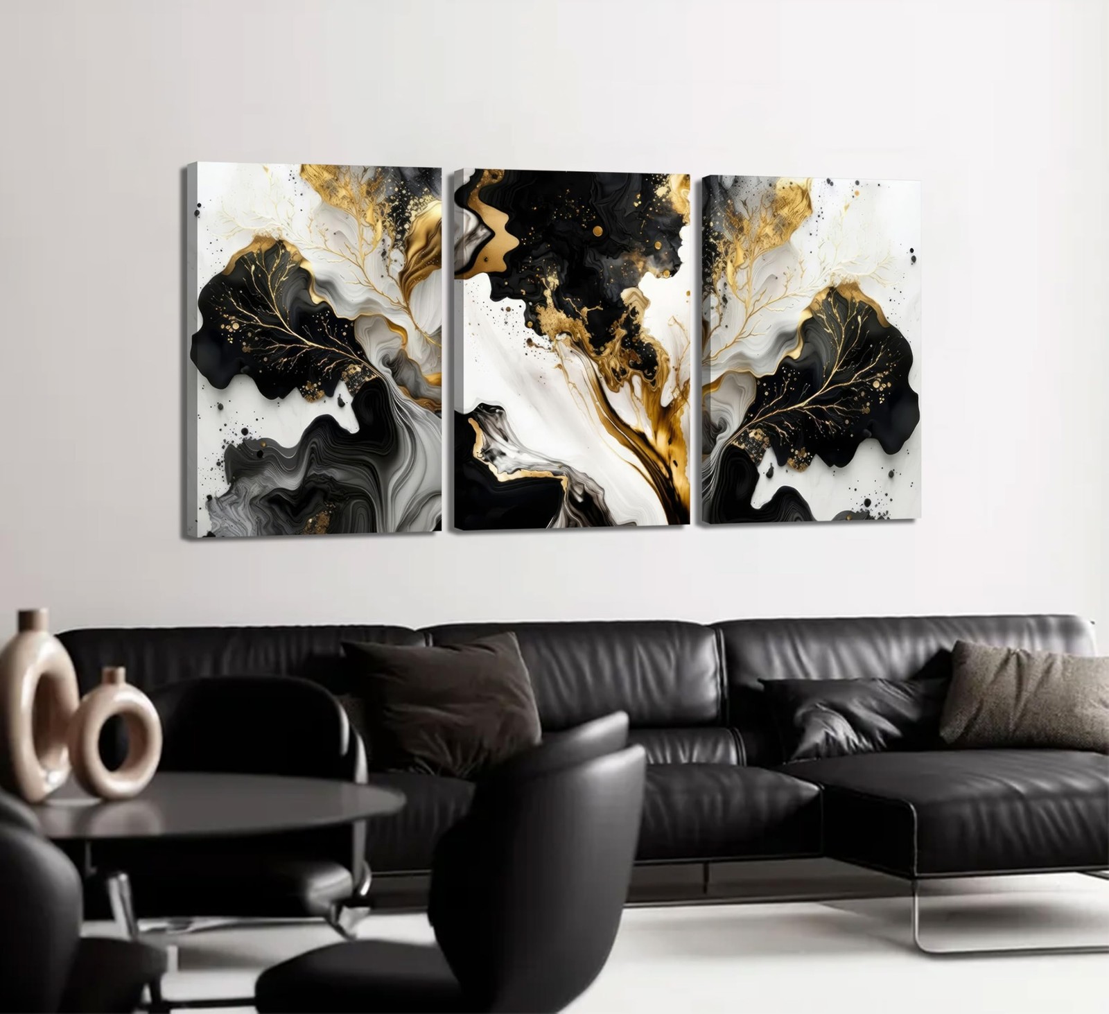 3Pcs Abstract Marble Canvas Wall Art Picture Black White Gold Texture Poster …