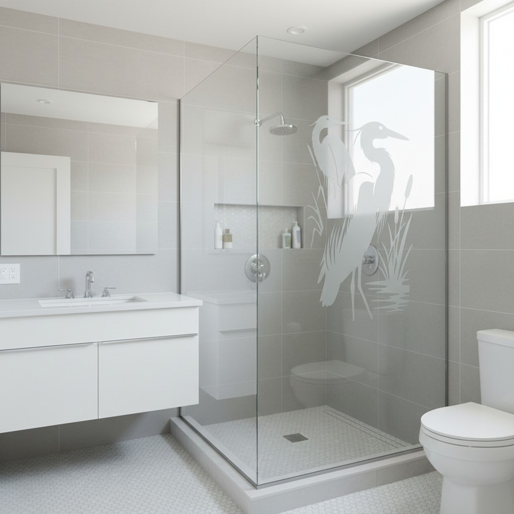 Heron Marsh Bird Etched Glass Look Decal Shower Door Windows 22" wide x 30" tall
