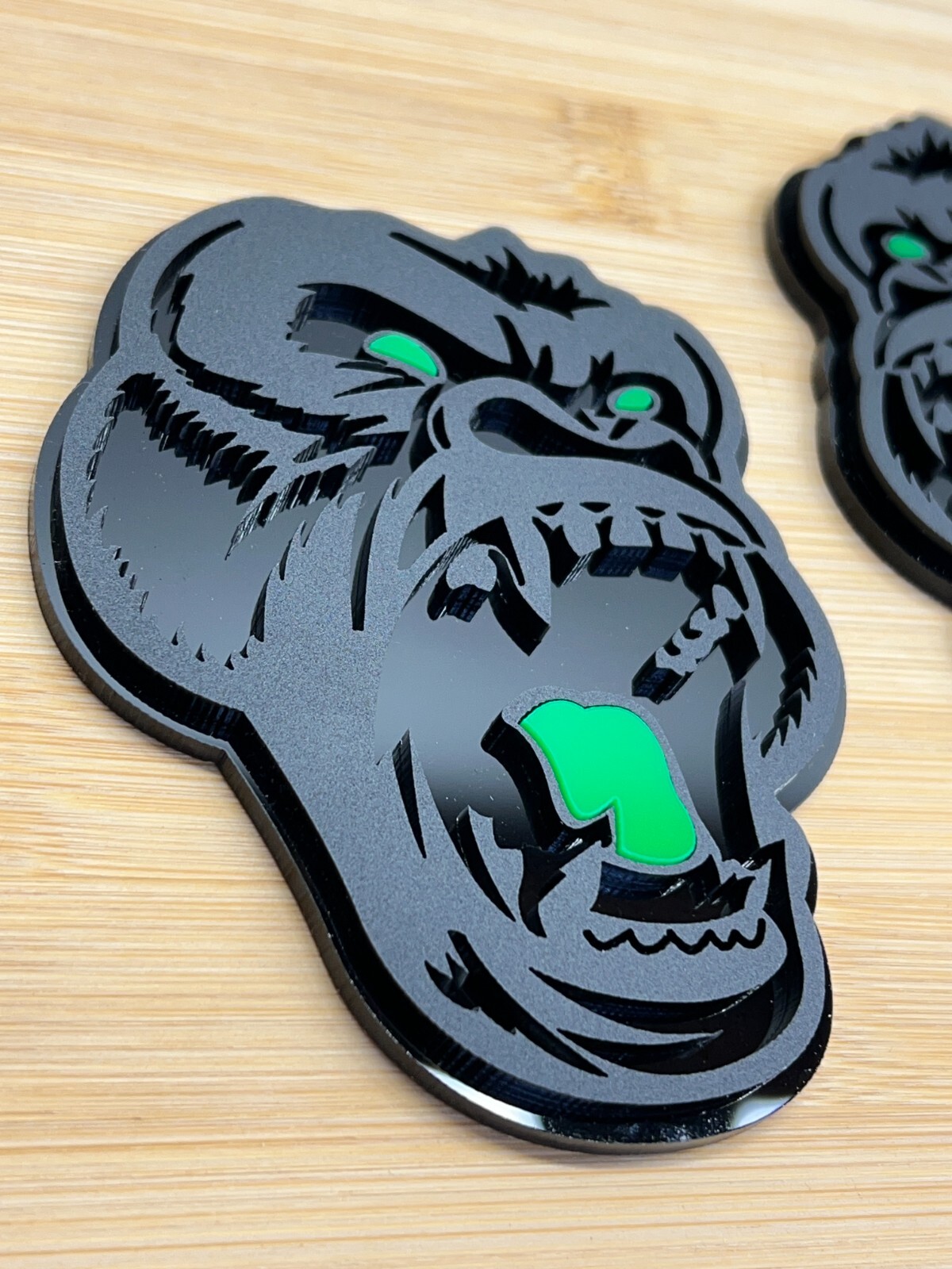 Angry Gorilla Green Eye Car Truck Emblem Badge Matte Black /Black Custom PK of 2