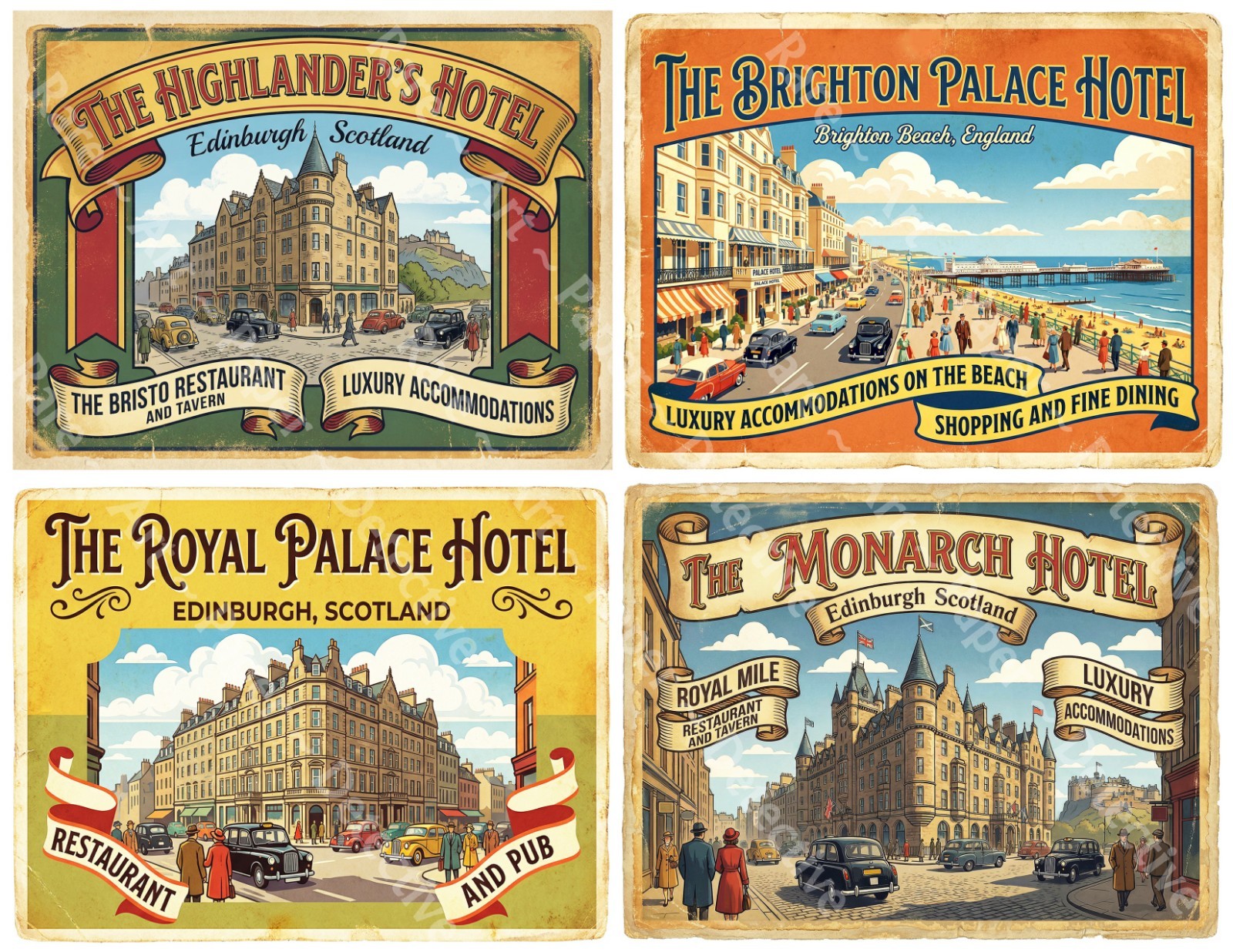 Retro Style Hotel Luggage Label Stickers, 4 Labels on 1 Cut & Peel Sheet, 1420