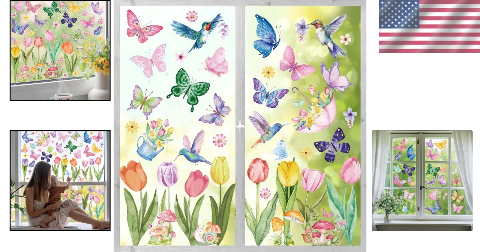 Spring Window Cling Sticker – 83PCS Tulip Butterfly Flower Hummingbirds Windo…