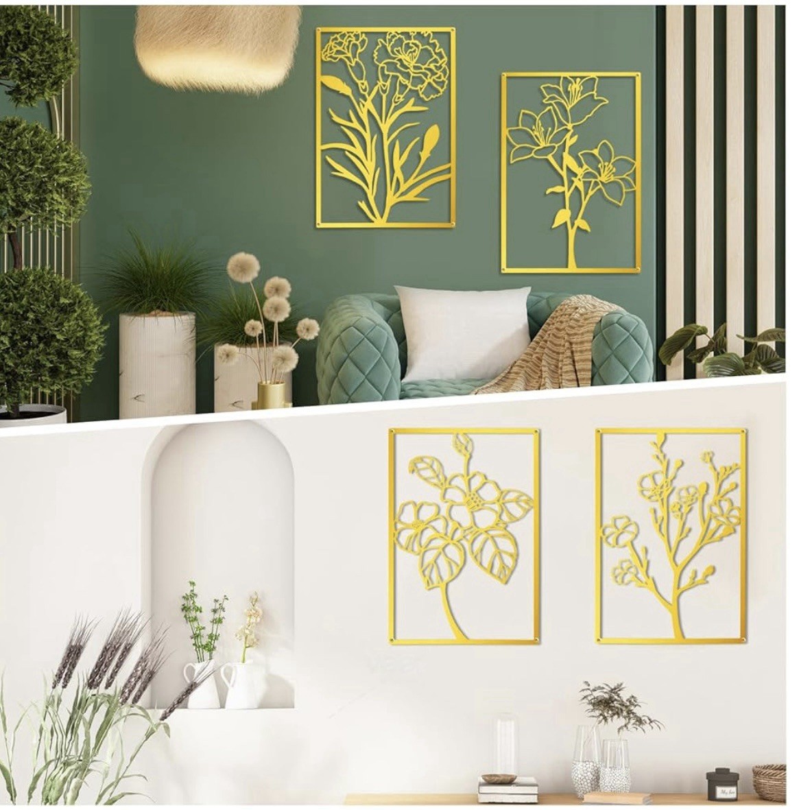 ZNZAPO 4 Pcs Large Gold Metal Flower Wall Art, (15.7 × 22.5”)