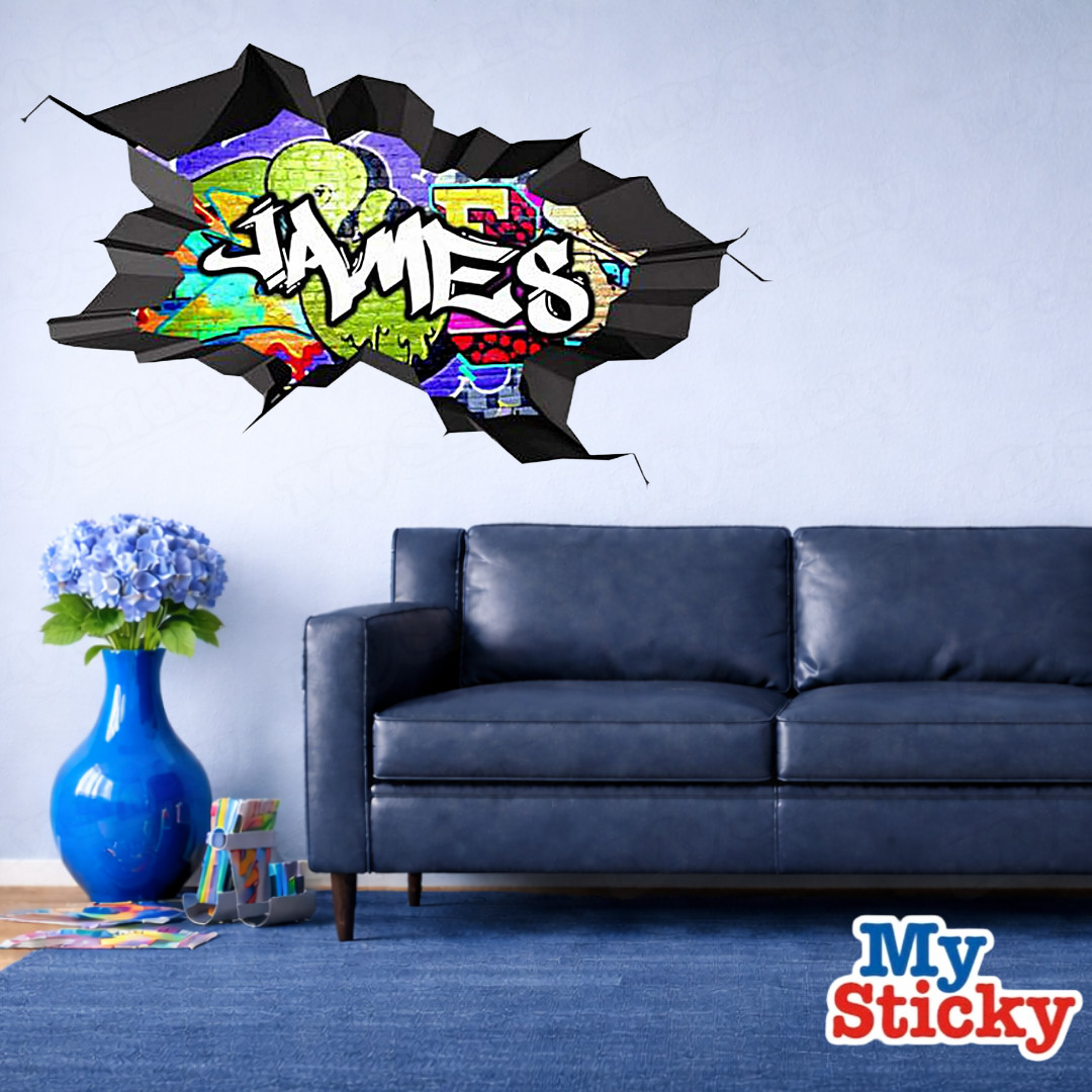 Custom Graffiti Name Wall Decal 3D Breakthrough Gamer Room Street Art Sticker