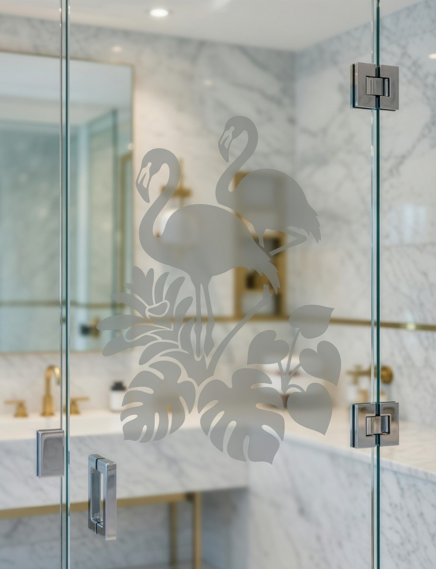 Flamingo Tropical Etched Glass Look Decal Shower Door Windows 22" wide x 30"