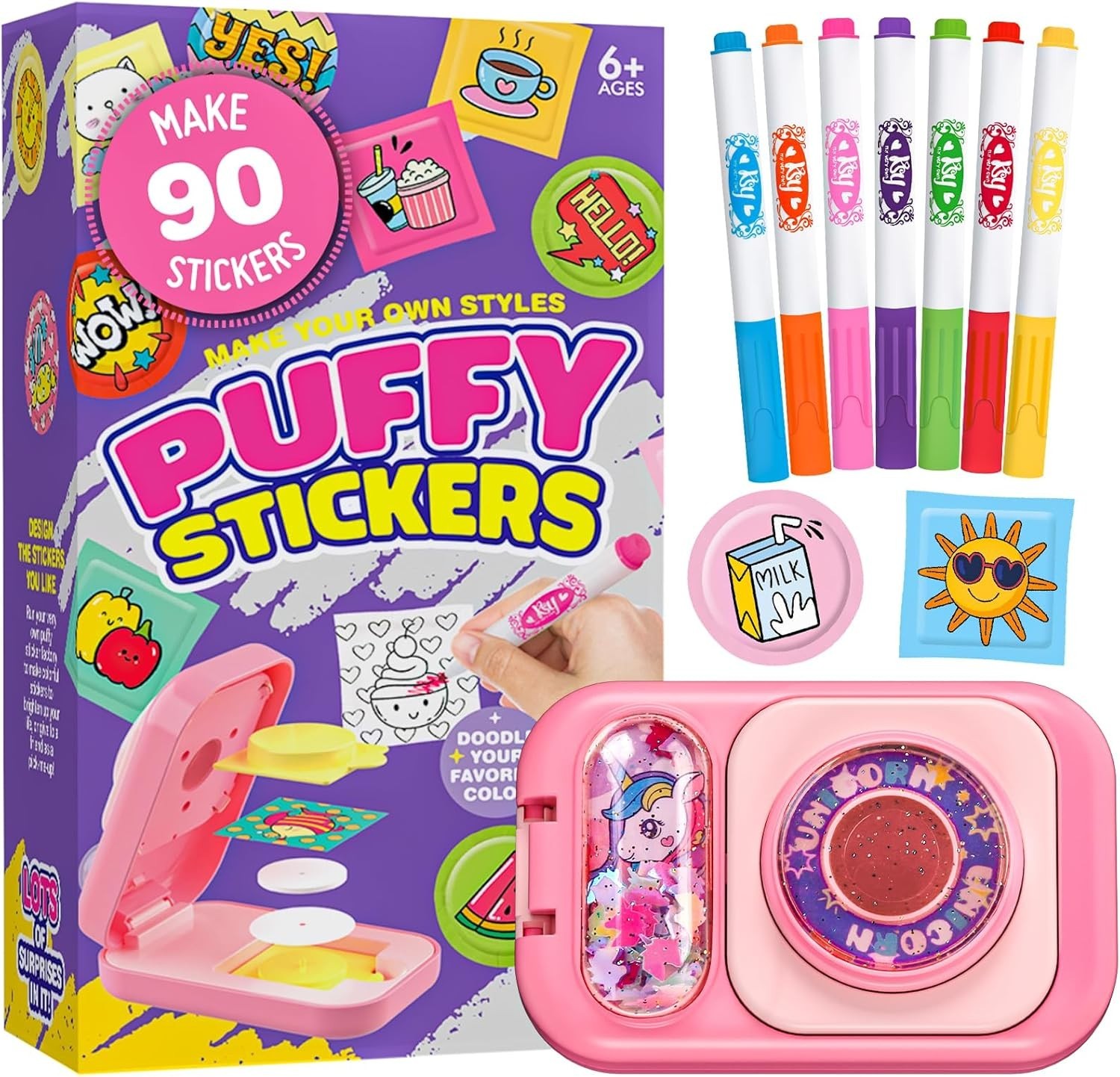 Creative Sticker Maker Kit – 90 Puffy Stickers with 7 Markers for Arts & Crafts