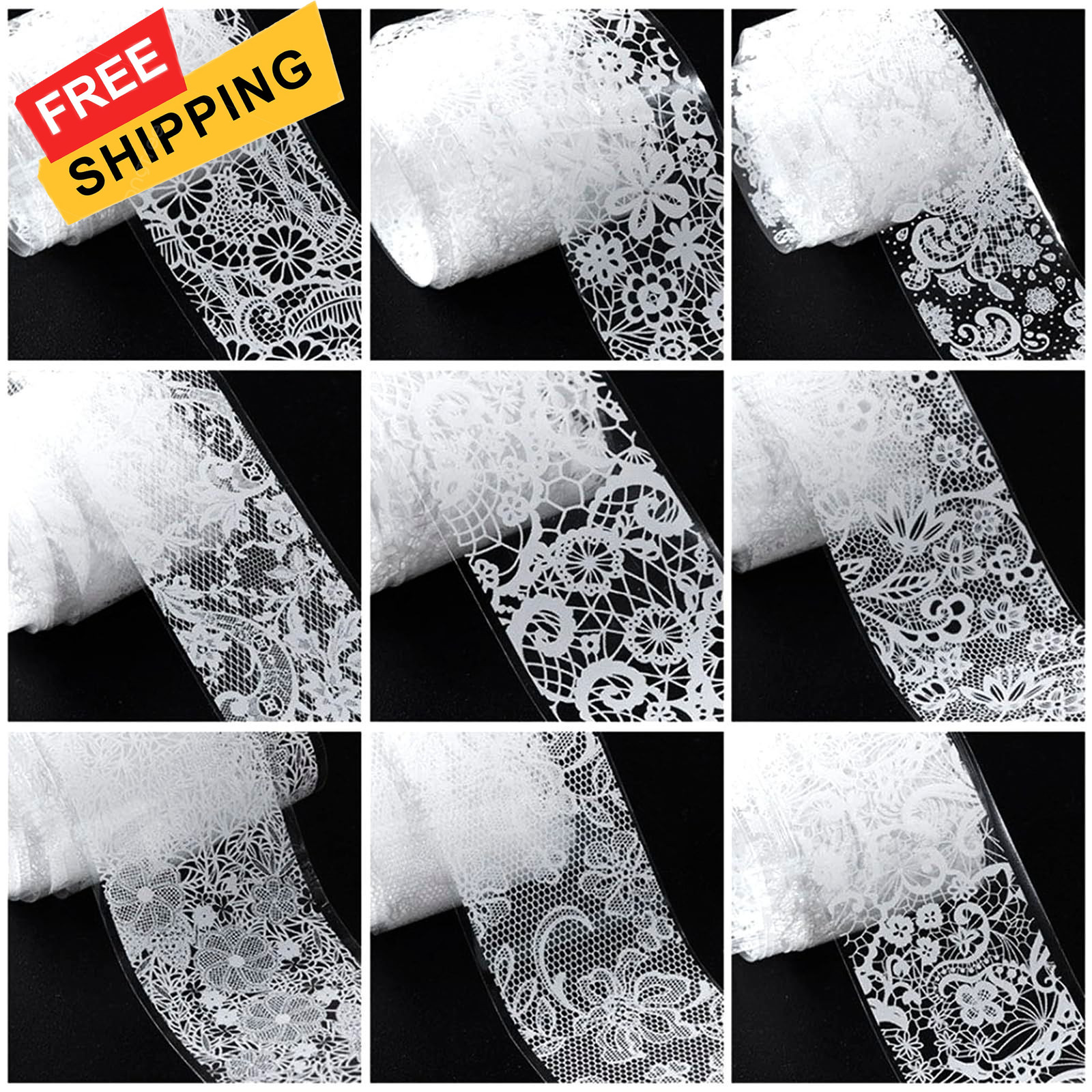 MOLILON 10 Rolls White Lace Nail Foil, 2.5*100cm / 1.0*39.37in, Style 2
