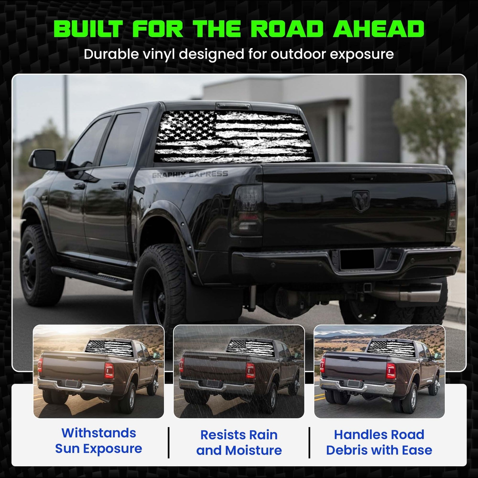 GRAPHIX EXPRESS Truck Back Window Graphics Black and White American Flag Dec…