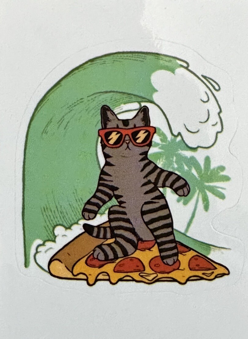 PIZZA SURFER KITTY ~ Small Vinyl Sticker – (1.75 in x 1.5 in)