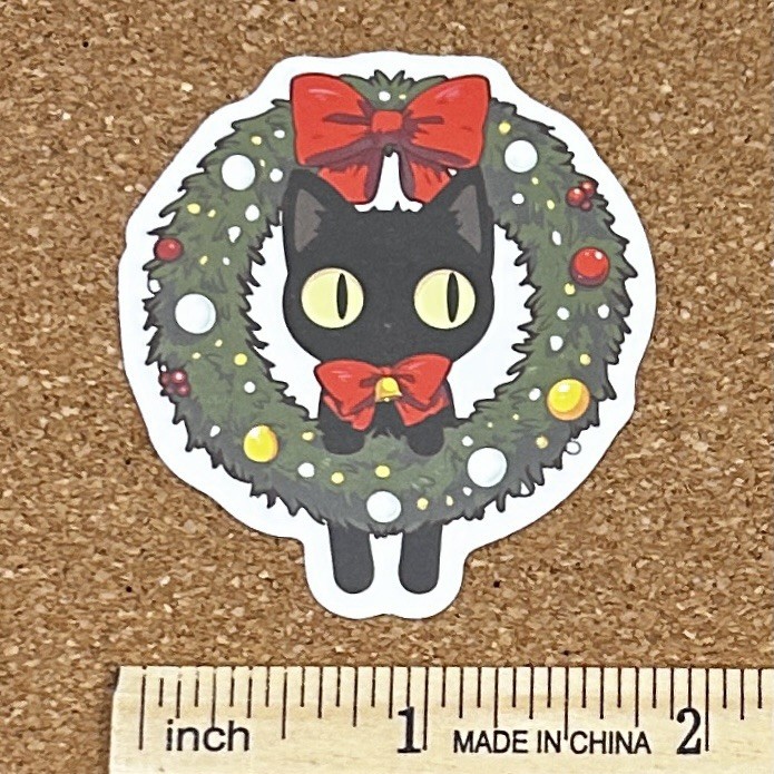 Black Kitty Cat Christmas Wreath Festive Goth Halloween Vinyl Sticker Decal