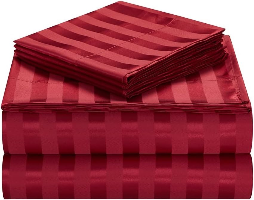 6 Piece Satin Italian Style Bed Sheet Set Deep Pocket Stripes Super Sof…