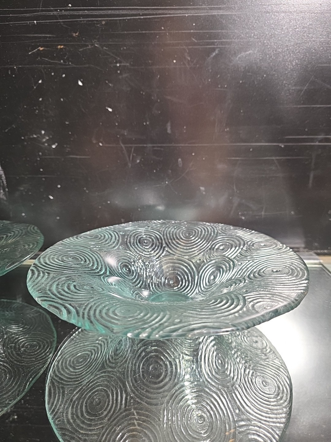 Vintage Clear Glass Pedestal Bowl Concentric Swirl Spiral Textured Art Glass 9"