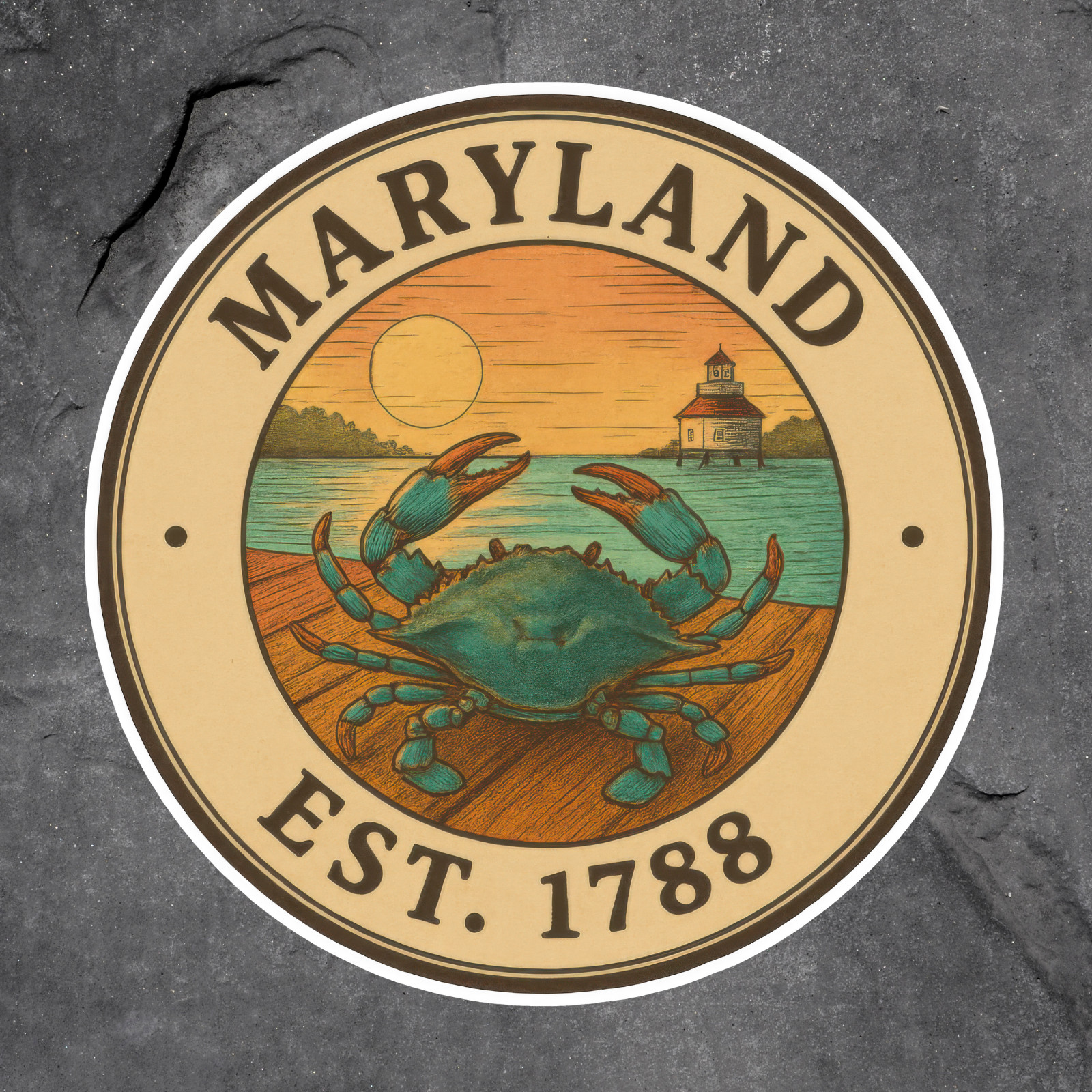 Maryland sticker vinyl decal blue crab lighthouse ocean sunset retro art