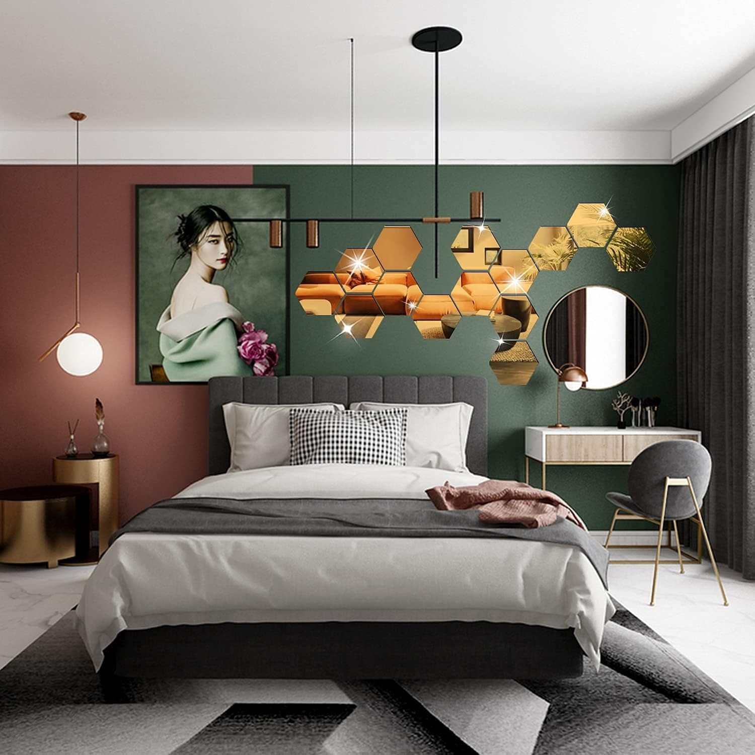 24Pcs Large Hexagonal Mirror Wall Stickers Boho Living Room Background Wall Art
