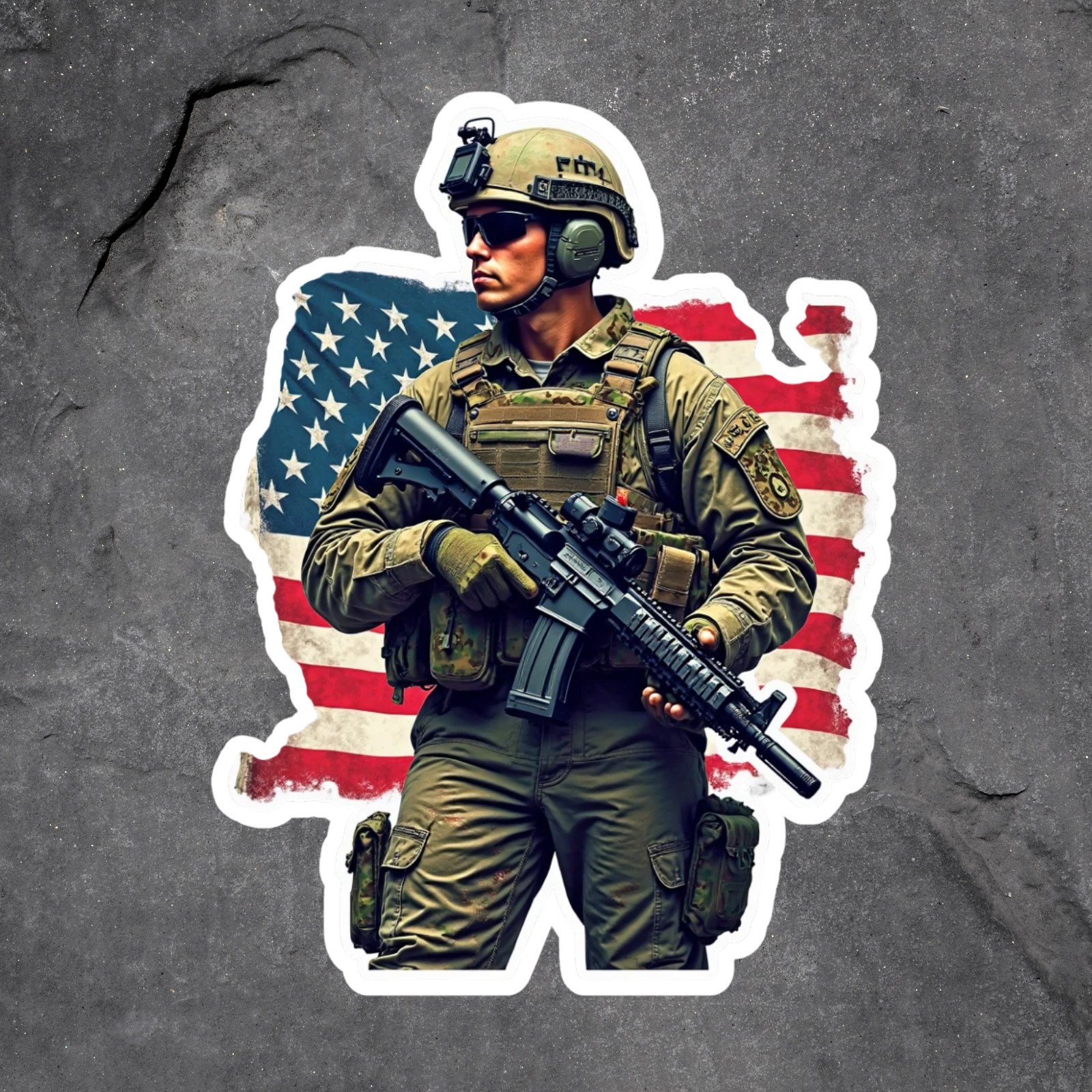 Soldier sticker vinyl decal military rifle patriotic american flag background