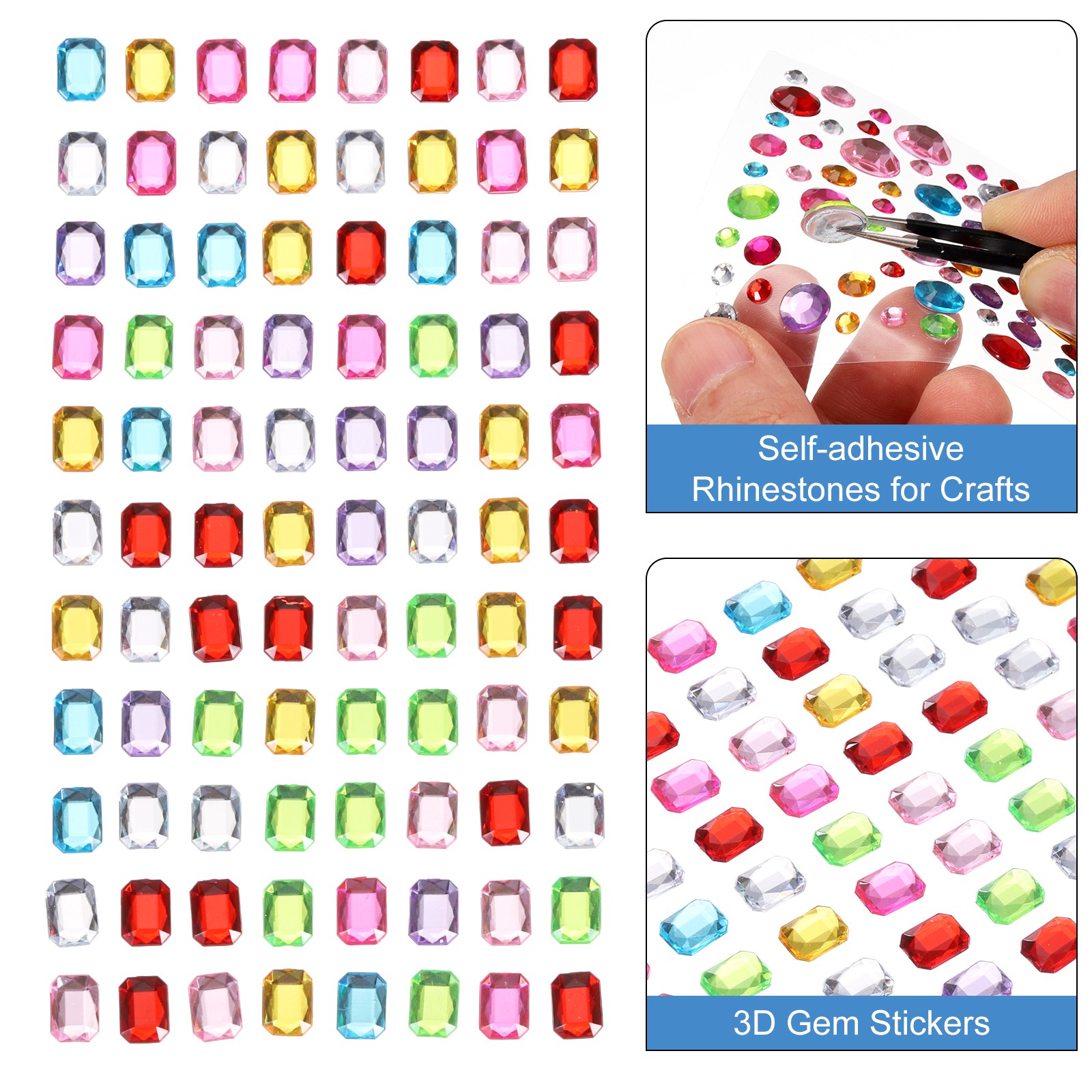 88Pcs Gems Stickers for Crafts, 5 Sheet Rectangle Rhinestone Stickers,Multicolor